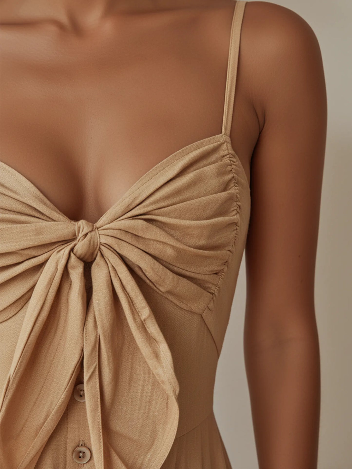 Beige Linen-Blend Bow-Front Button-Down Maxi Dress
