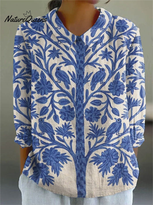 Women's Vintage Floral Art Print Casual Linen V-neck Shirt