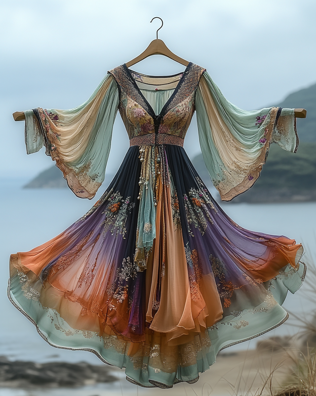 Elegant contrast color vacation rainbow maxi dress cd7f