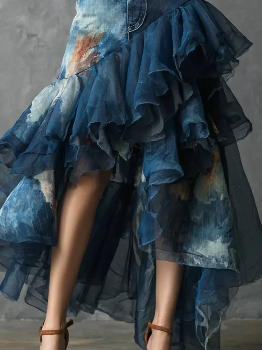 Women's Casual Stylish Art Denim Organza Patchwork Skirt