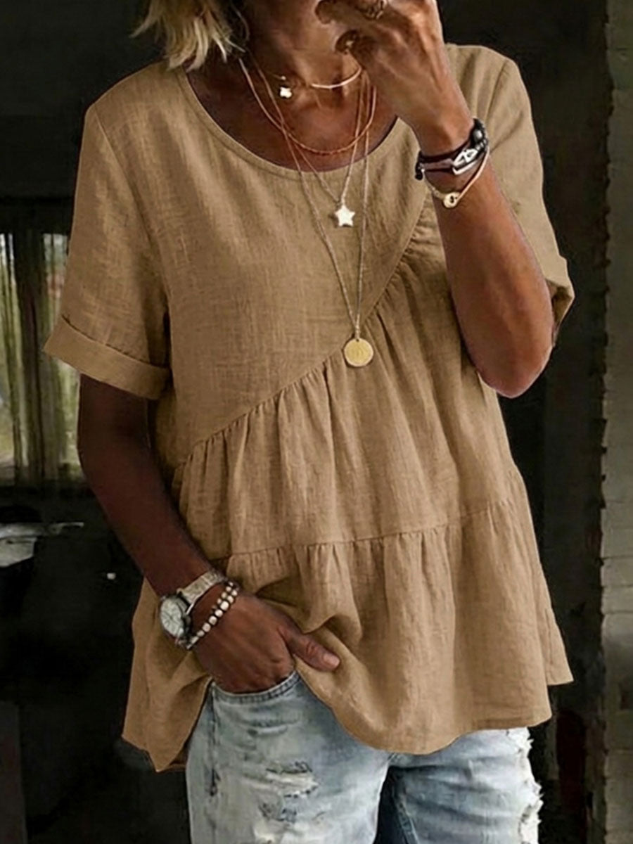 Women's Round Neck Cotton Linen Solid Color Loose Short-sleeved Shirt – Side Tether