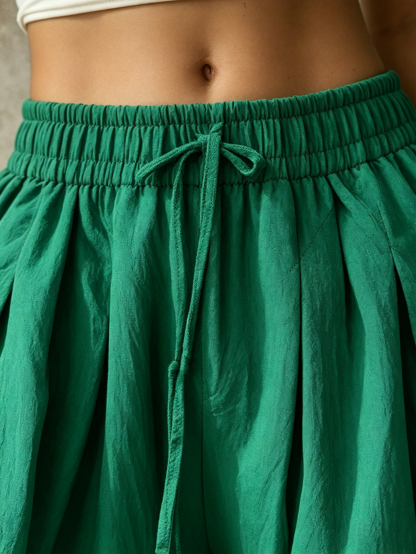 Emerald Green Bow-Detail Harem Pants - Casual Balloon Trousers