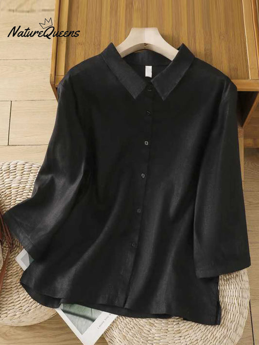 Women's Solid Color Lapel 3/4 Sleeves Casual Linen Shirt
