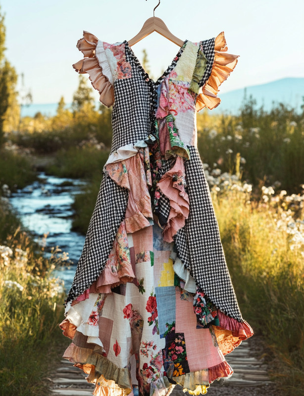 Summer Handmade Floral Houndstooth Patchwork Dress 4659