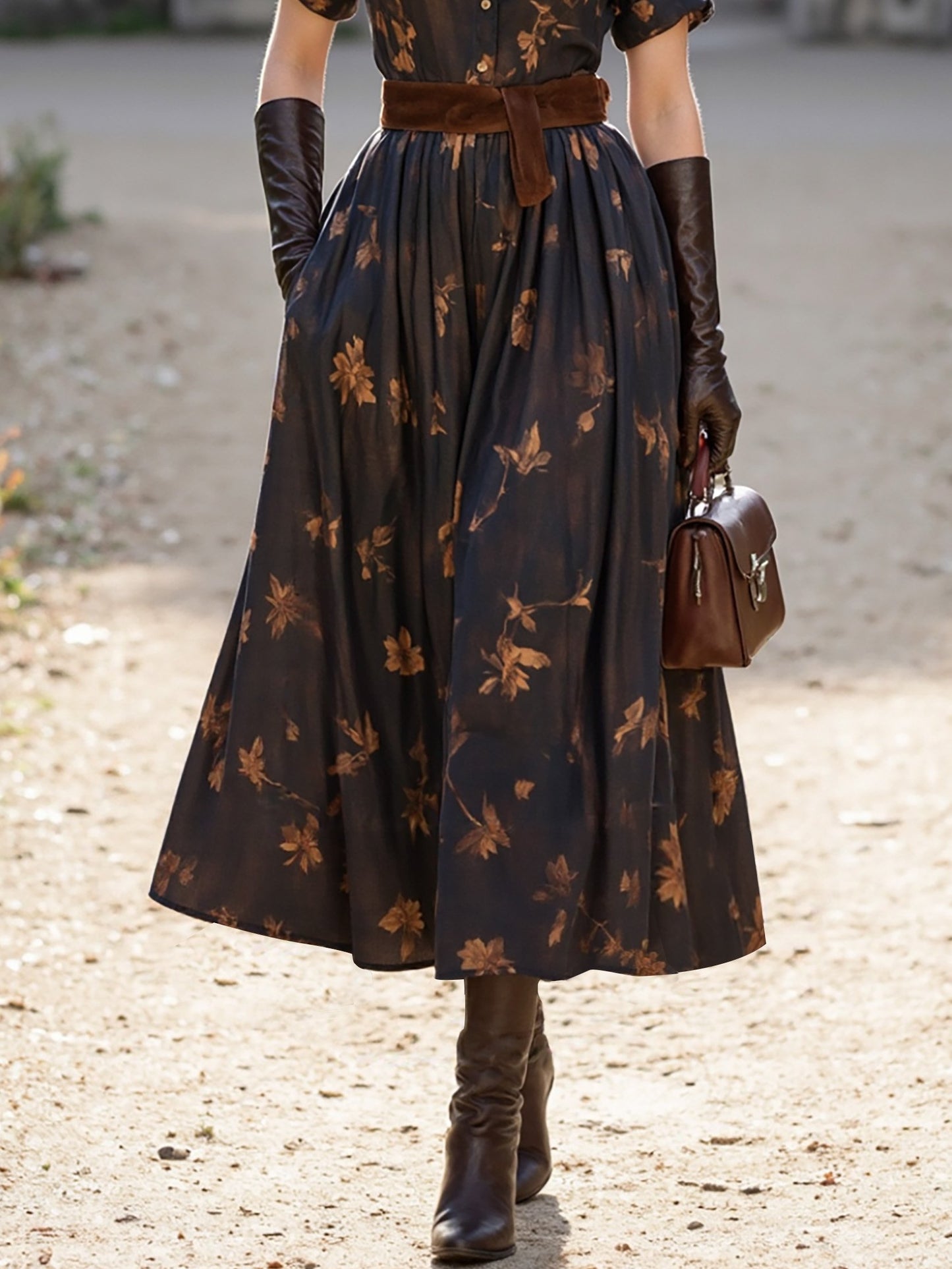 Midi Linen Dress, Short Sleeves, Shawl Collar, Floral, Button Design, Vintage, Deep Brown