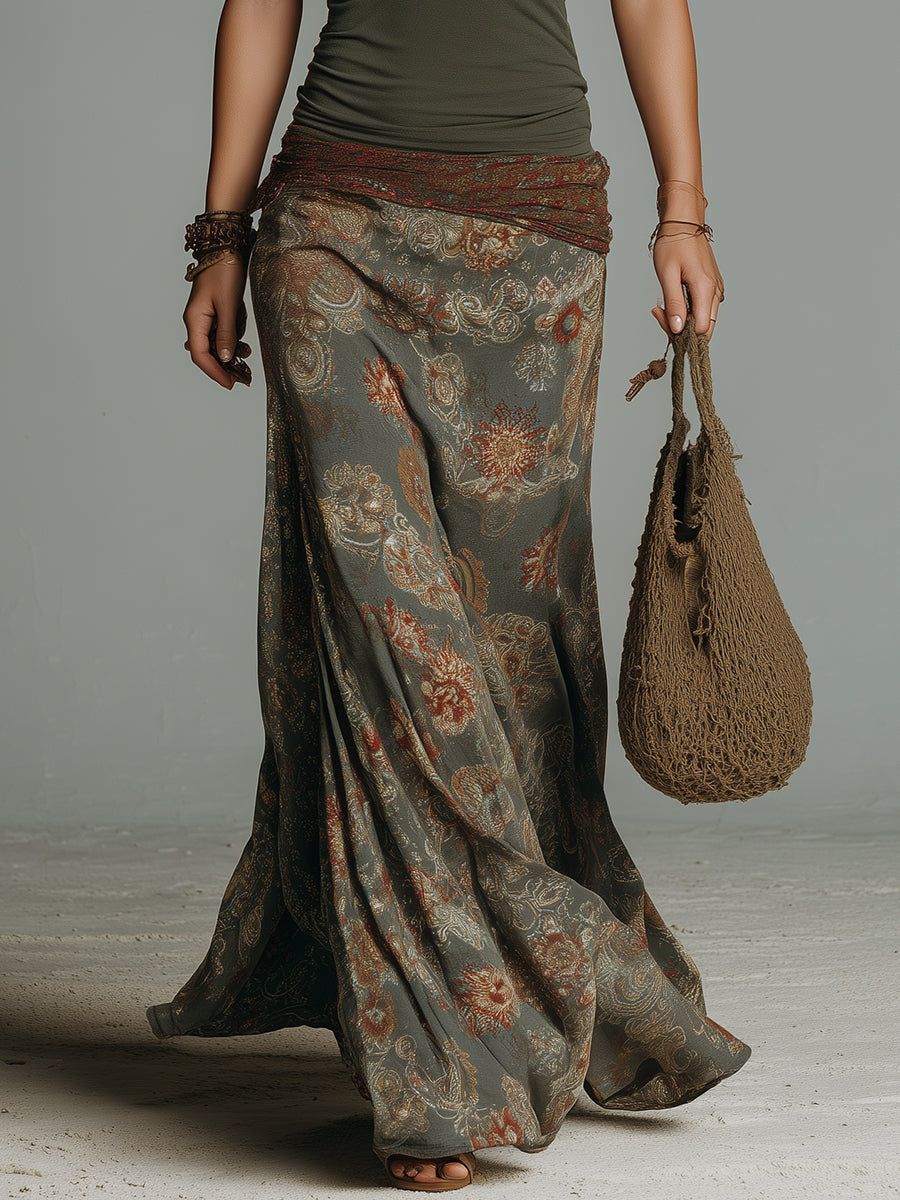 Boho Keyhole-Neck Vintage Floral Print Maxi Dress