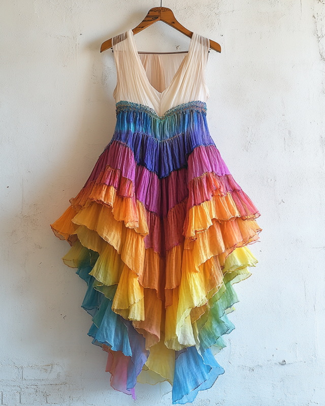 Rainbow Splicing Ruffle Sleeveless Irregular Dress 270a