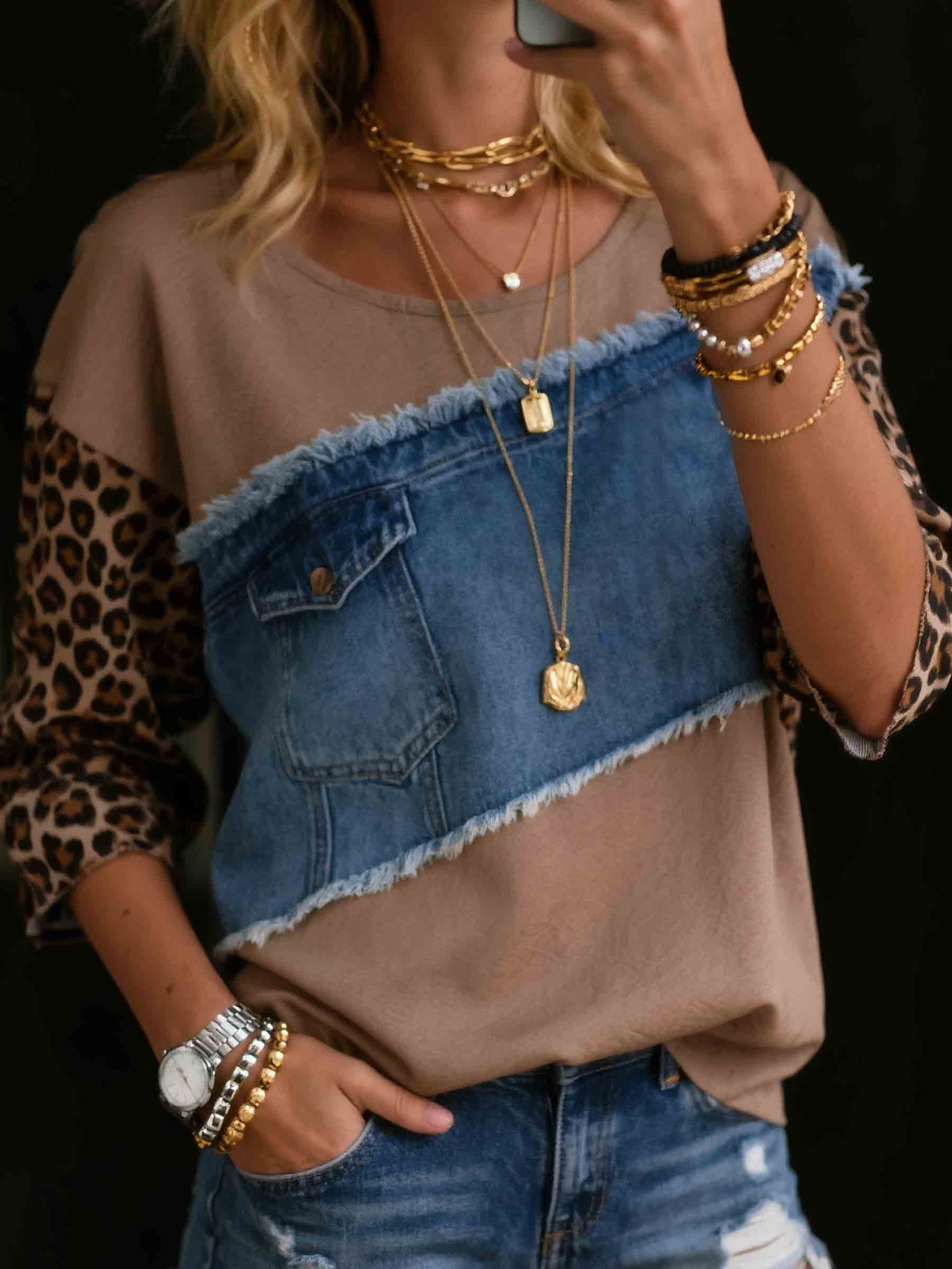 Women's Denim Patchwork Sweatshirt Top
