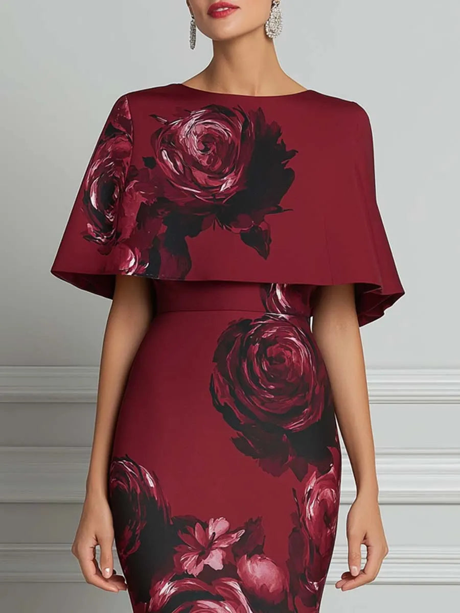 Burgundy Rose Print Cape Sleeve Bodycon Midi Dress