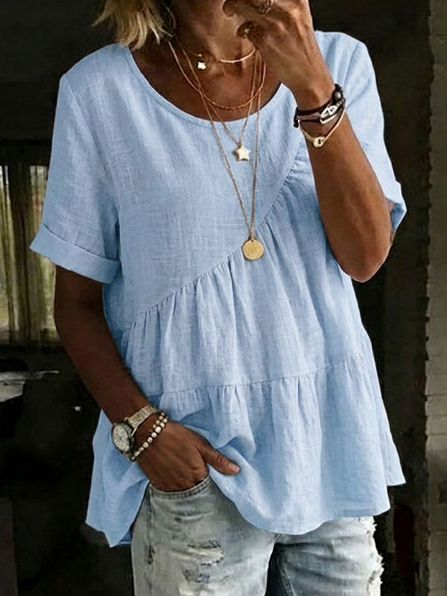 Women's Round Neck Cotton Linen Solid Color Loose Short-sleeved Shirt – Side Tether
