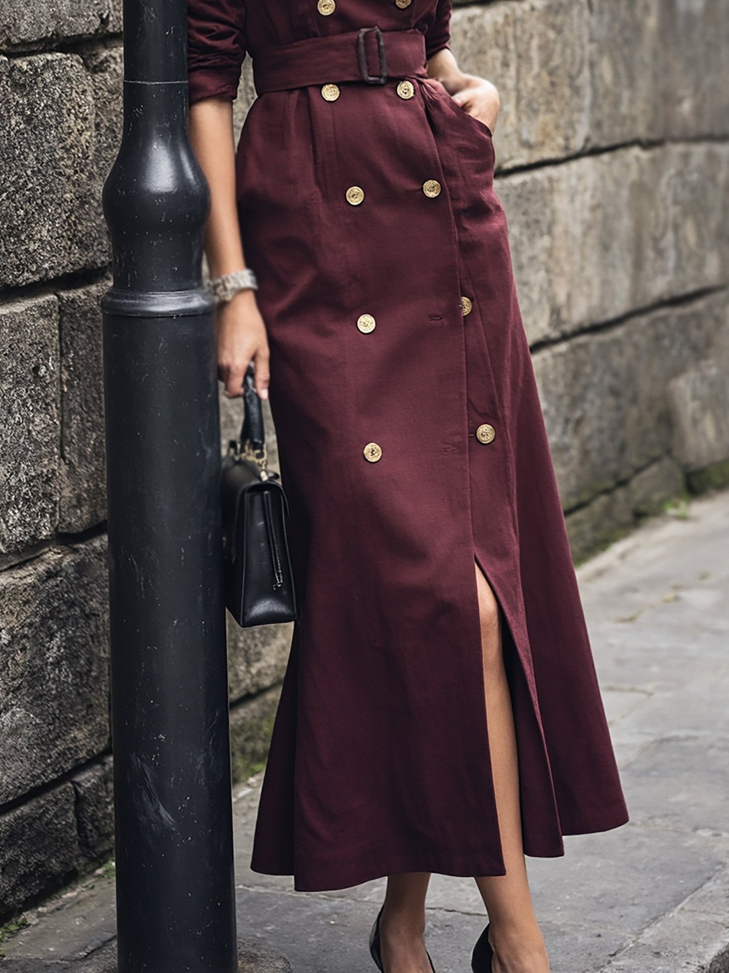 Maxi Cotton Trench Coat, Long Sleeves, Lapel Collar, Plain, Button Design, Vintage, Wine Red