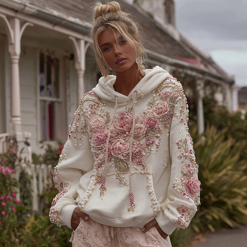 Women's Vintage Rose Pearl Embroidery Comfortable Warm Hoodie