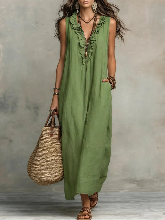 Women's Solid Color Ruffled Art Casual Fashion Cozy Cotton Linen Dress