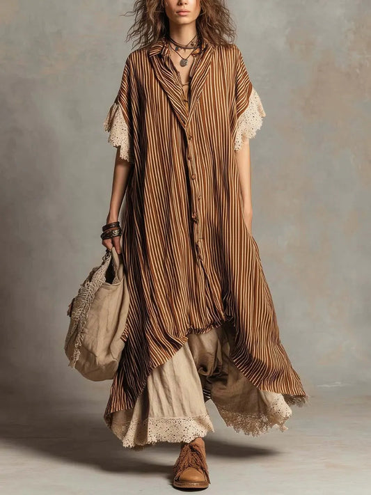 Women's Striped Patchwork Cotton Linen Dress