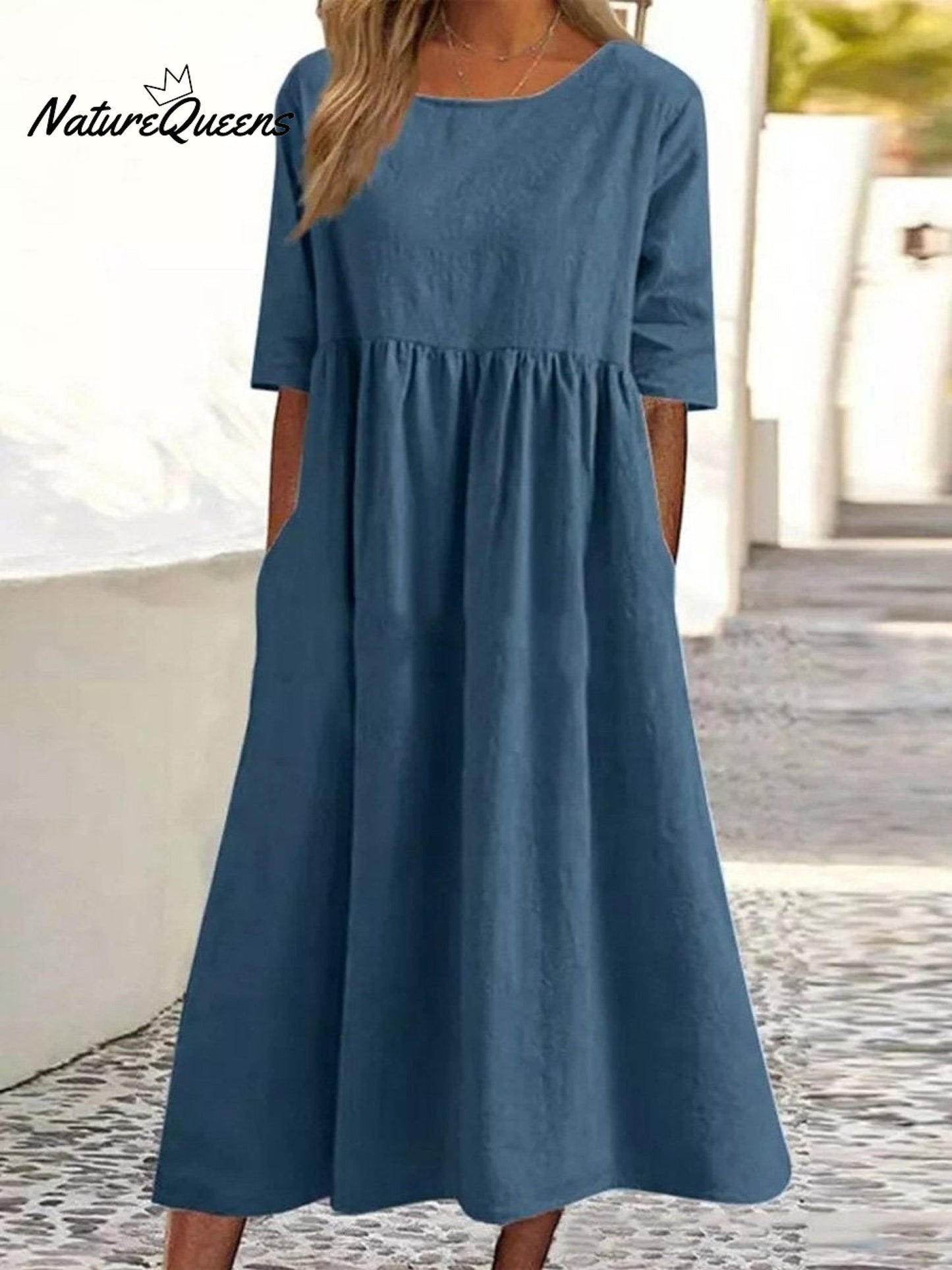 Cotton And Linen Casual Short Sleeve Pocket Pleated Loose Round Neck Dress