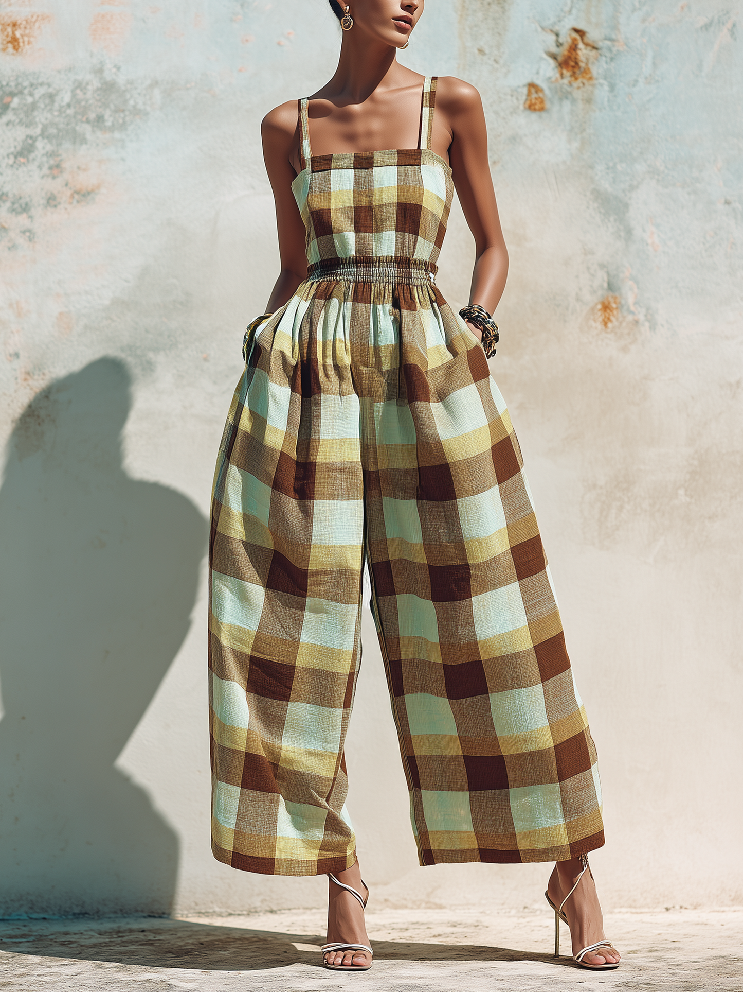 Plaid Cotton Linen Smocked Waist Wide-Leg Jumpsuit