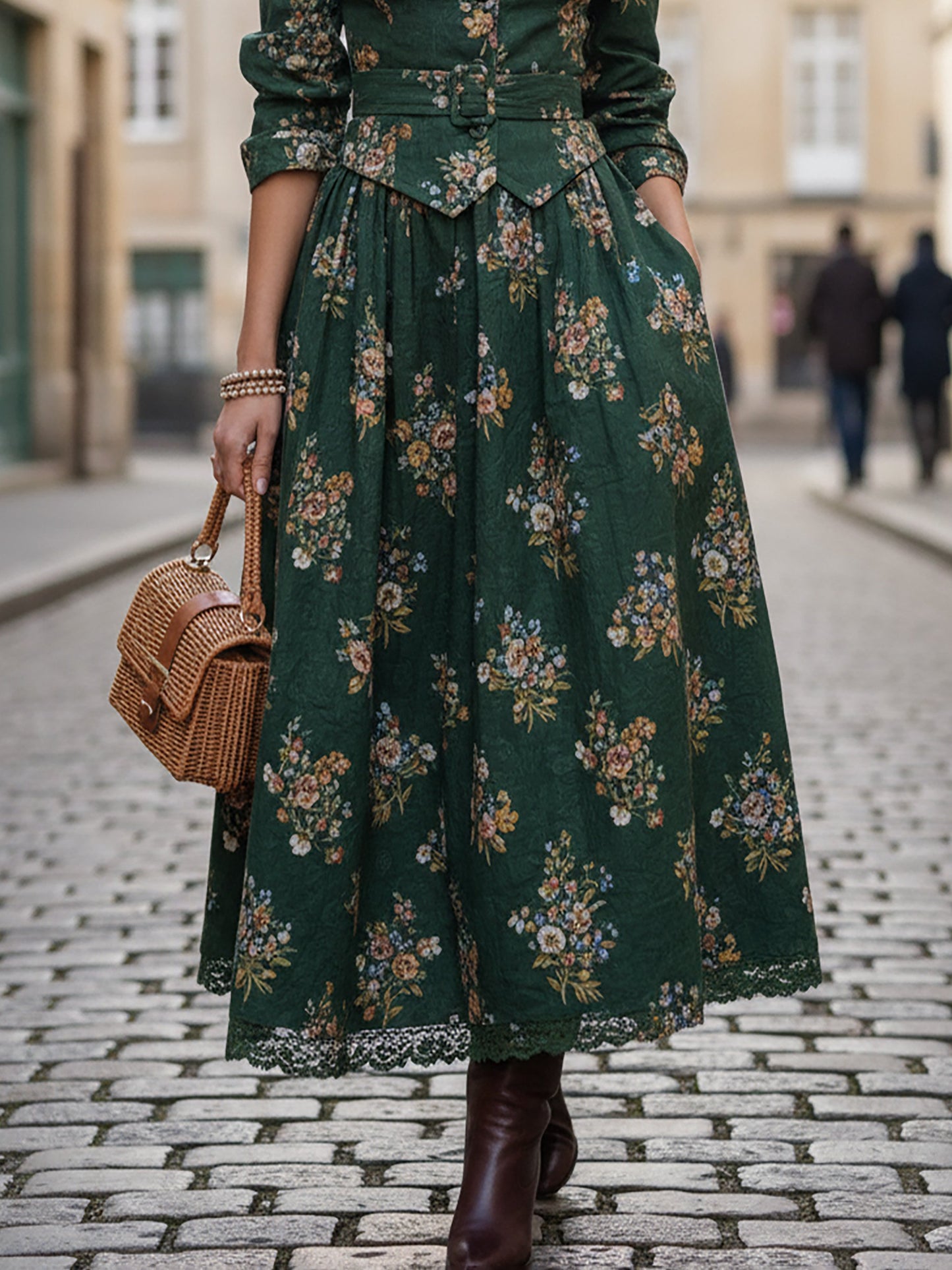 Maxi Linen Skirt, Floral, Pocket Design, Vintage, Green
