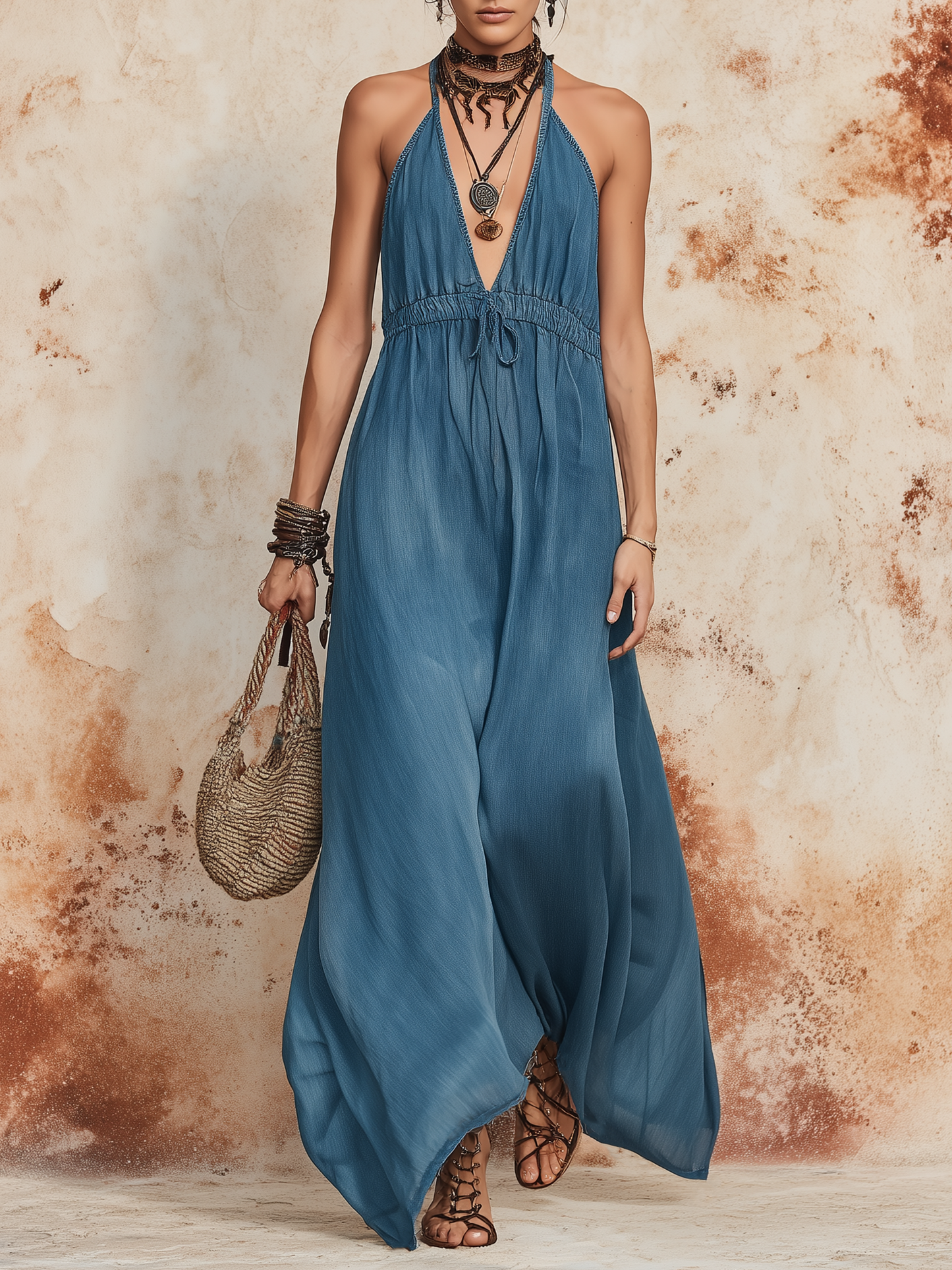Dusty Blue Halter Neck Tie-Waist Flowy Maxi Dress