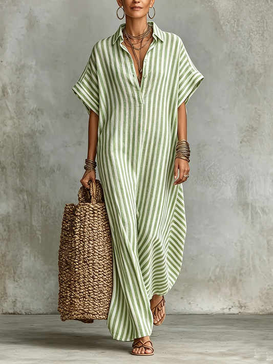 Cozy Classic Striped Cotton-linen Maxi Dress