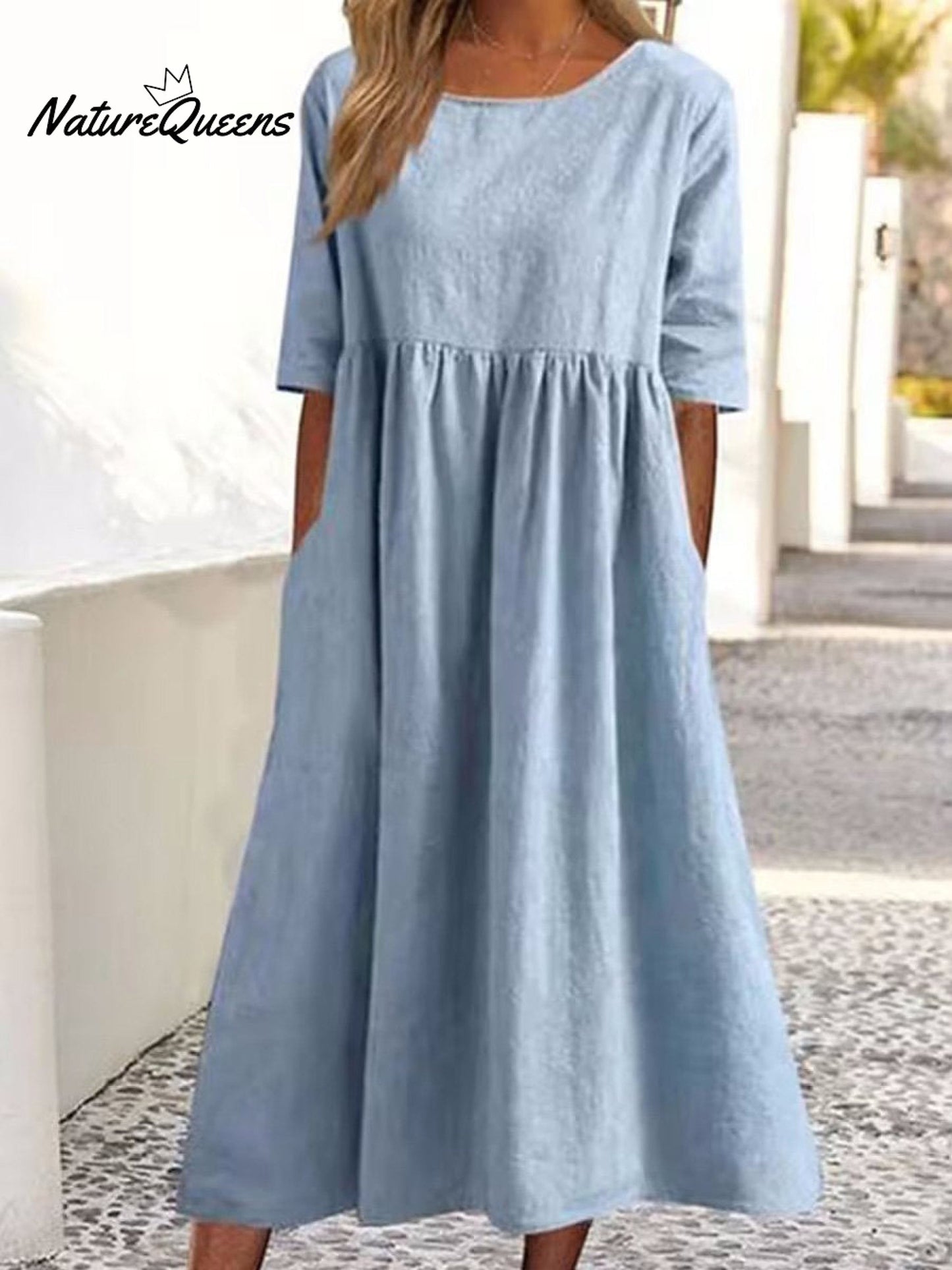 Cotton And Linen Casual Short Sleeve Pocket Pleated Loose Round Neck Dress