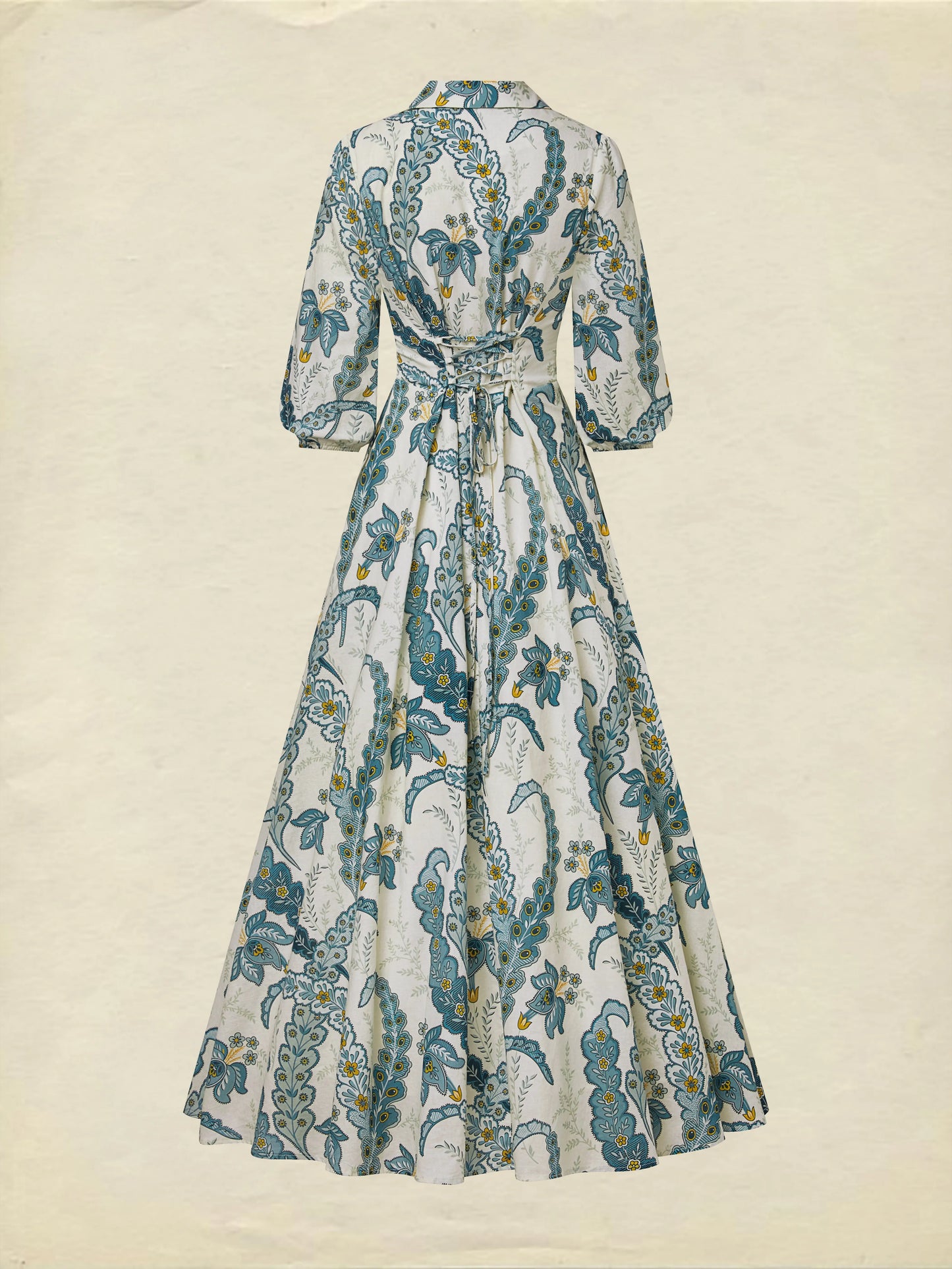 Maxi Linen Dress, Half Sleeve, Shawl Collar, Paisley, Button Design, Vacation, Vintage, White