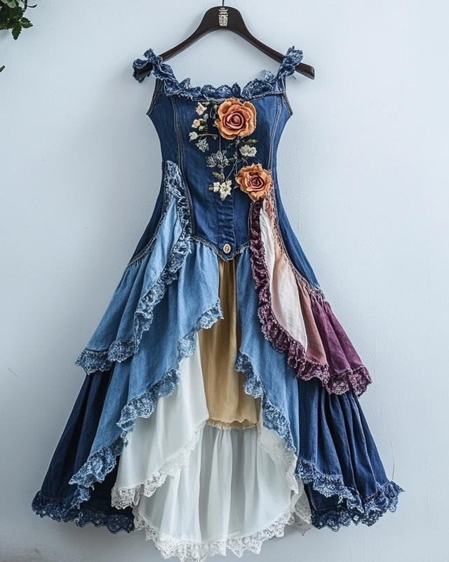 Summer Irregular Ruffle Denim Lace Patchwork Dress 66cd