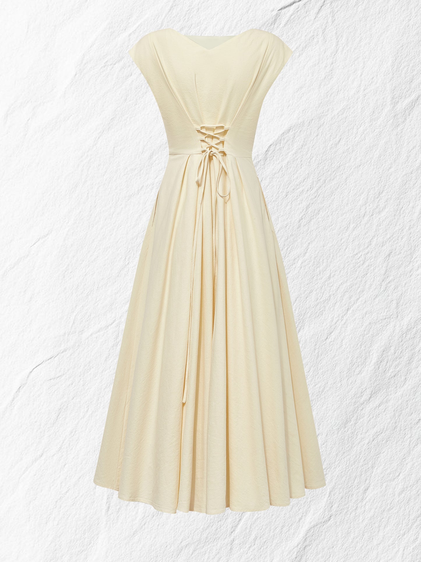 Linen Midi Dress, Cap Sleeve, Boat Neck, Plain, Vintage, Off White