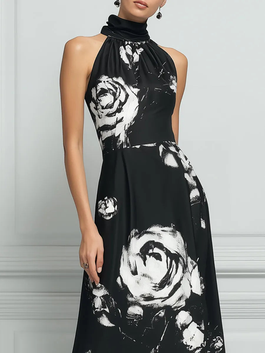 Elegant Black Halter Maxi Dress With White Rose Print
