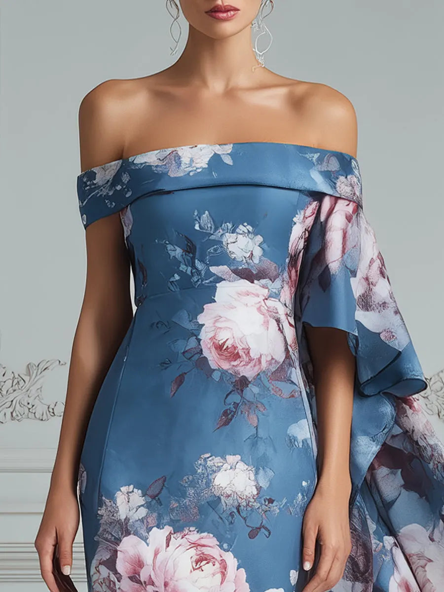 Blue Floral Print Off-Shoulder Satin Midi Dress