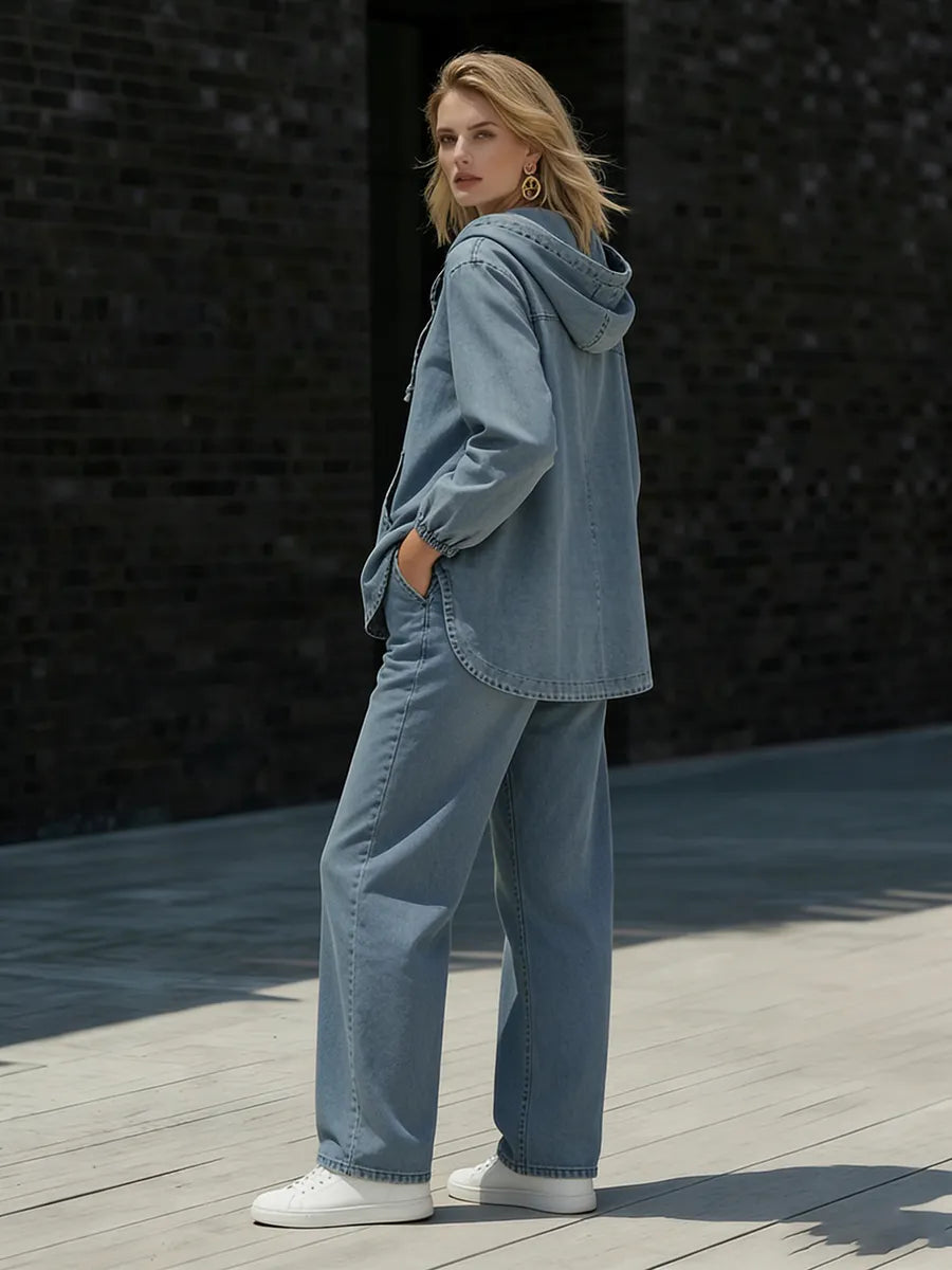 Casual Hooded Button-up Denim Two-piece Set