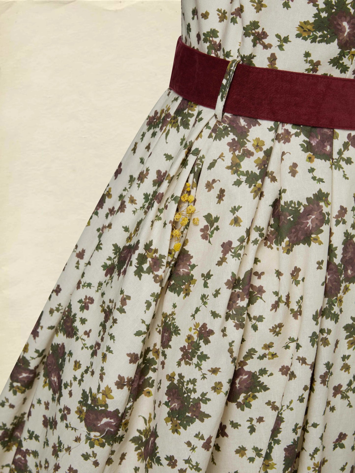 Midi Linen Dress, Long Sleeves, Shawl Collar, Floral, Belt Design, Vintage, Apricot