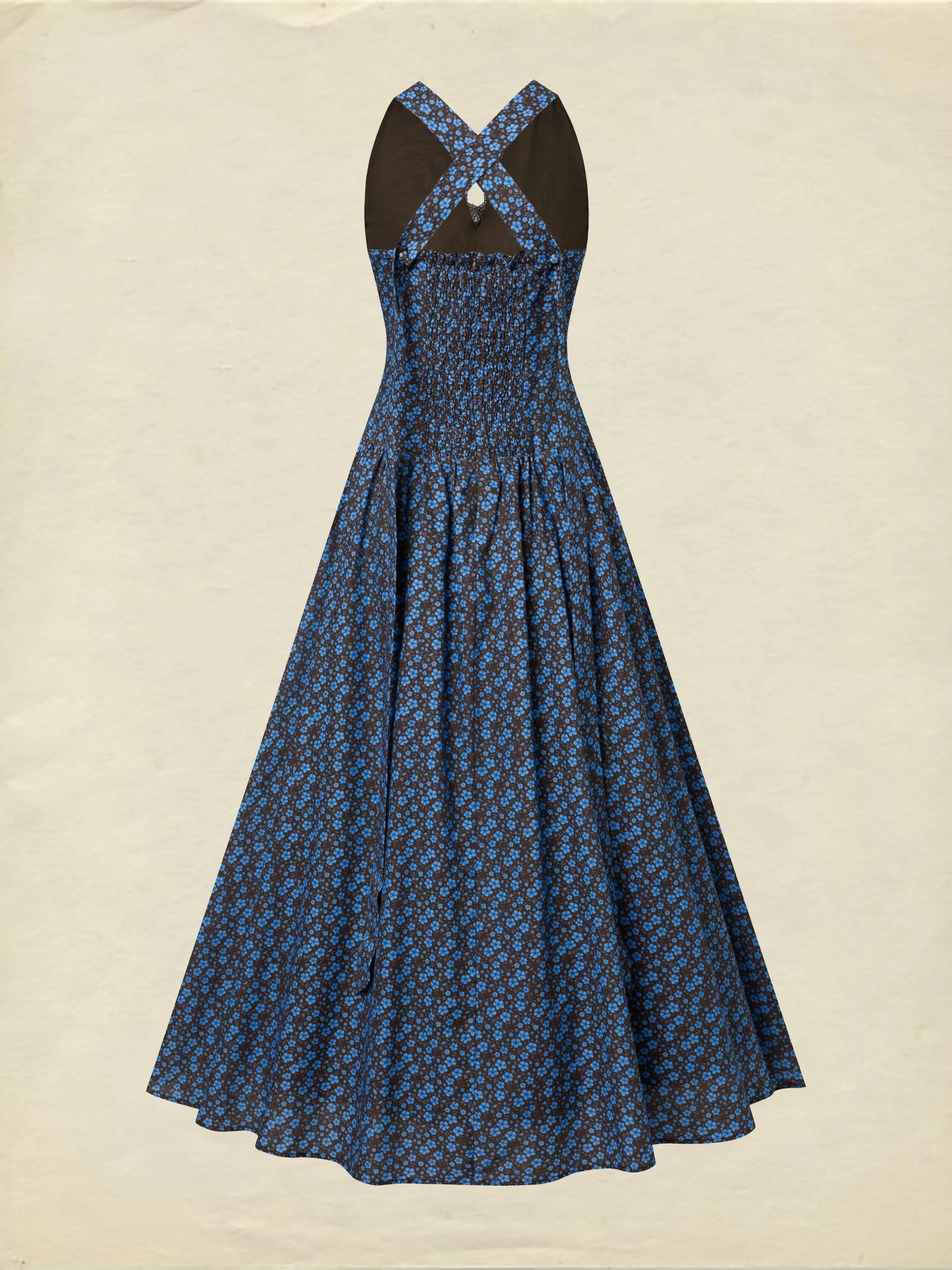 Maxi Cotton Dress, Sleeveless, V Neck, Floral, Lace, Vintage, Blue