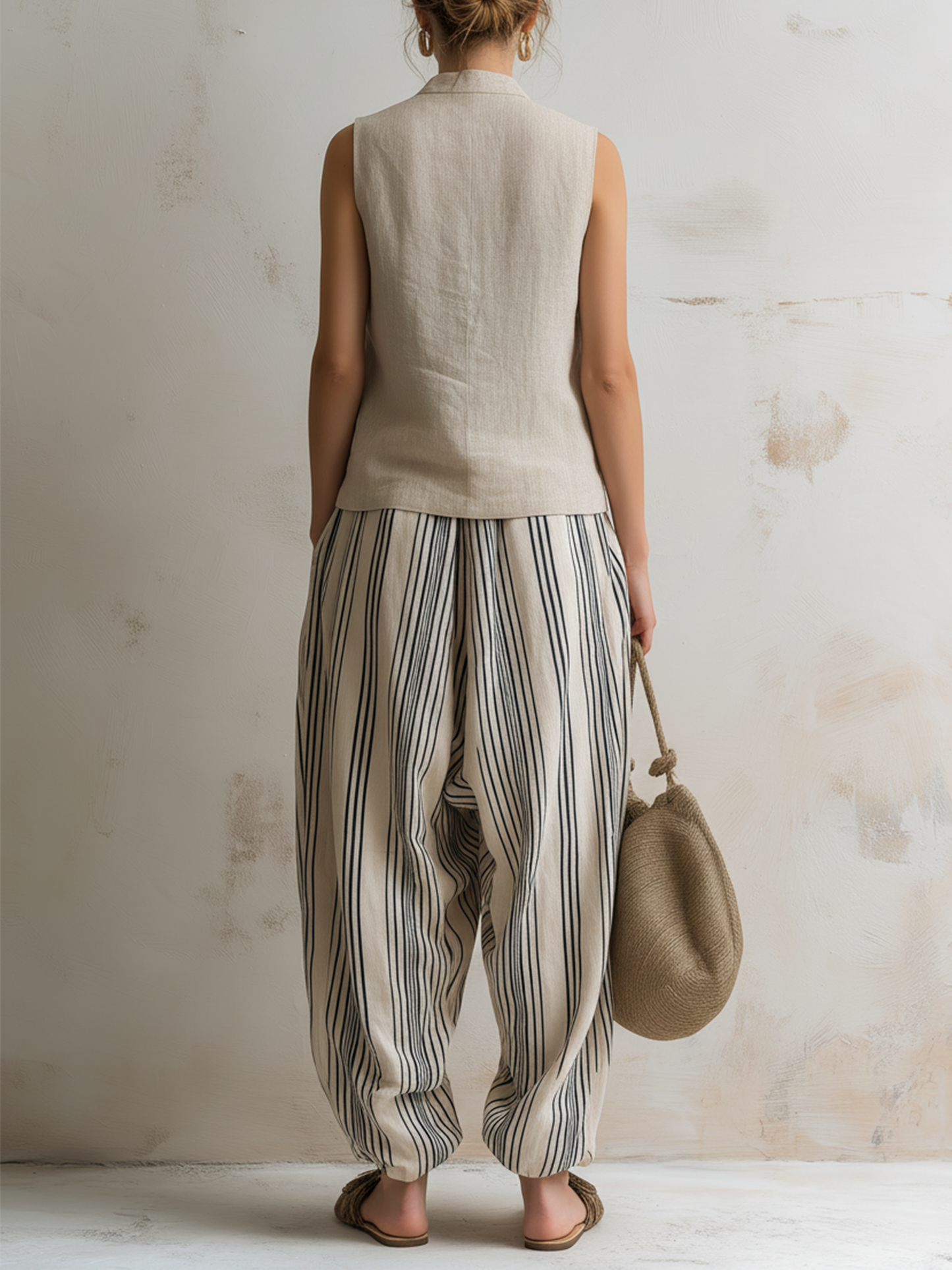 Linen Vest & Striped Harem Pants Two-Piece Casual Set (Inner Top Not Included)