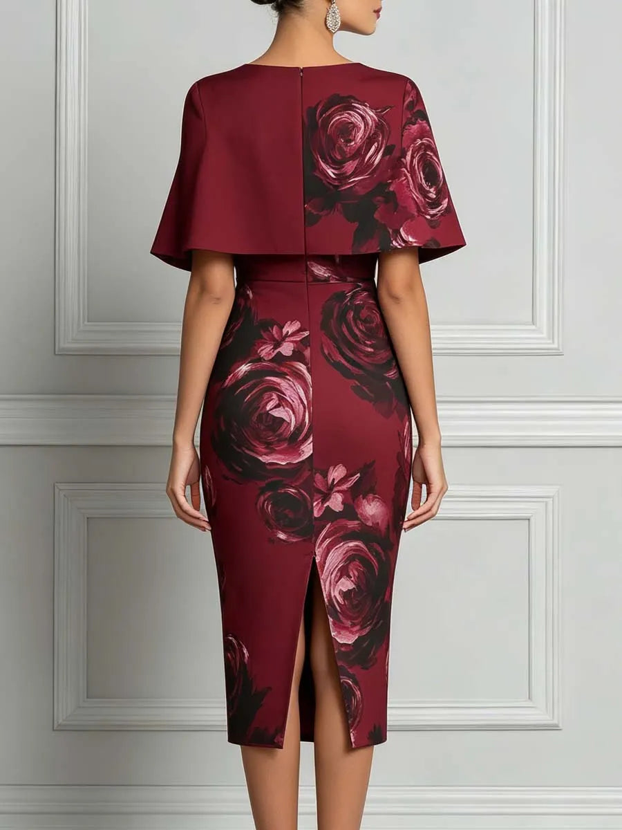 Burgundy Rose Print Cape Sleeve Bodycon Midi Dress