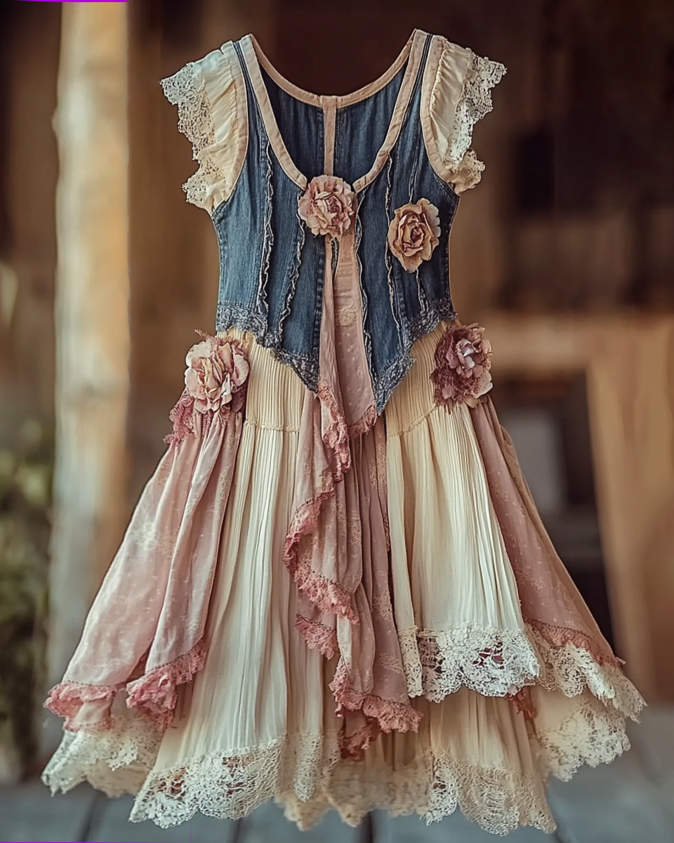 Summer Vacation Ruffle Lace Contrast Color Denim Patchwork Dress  d00c