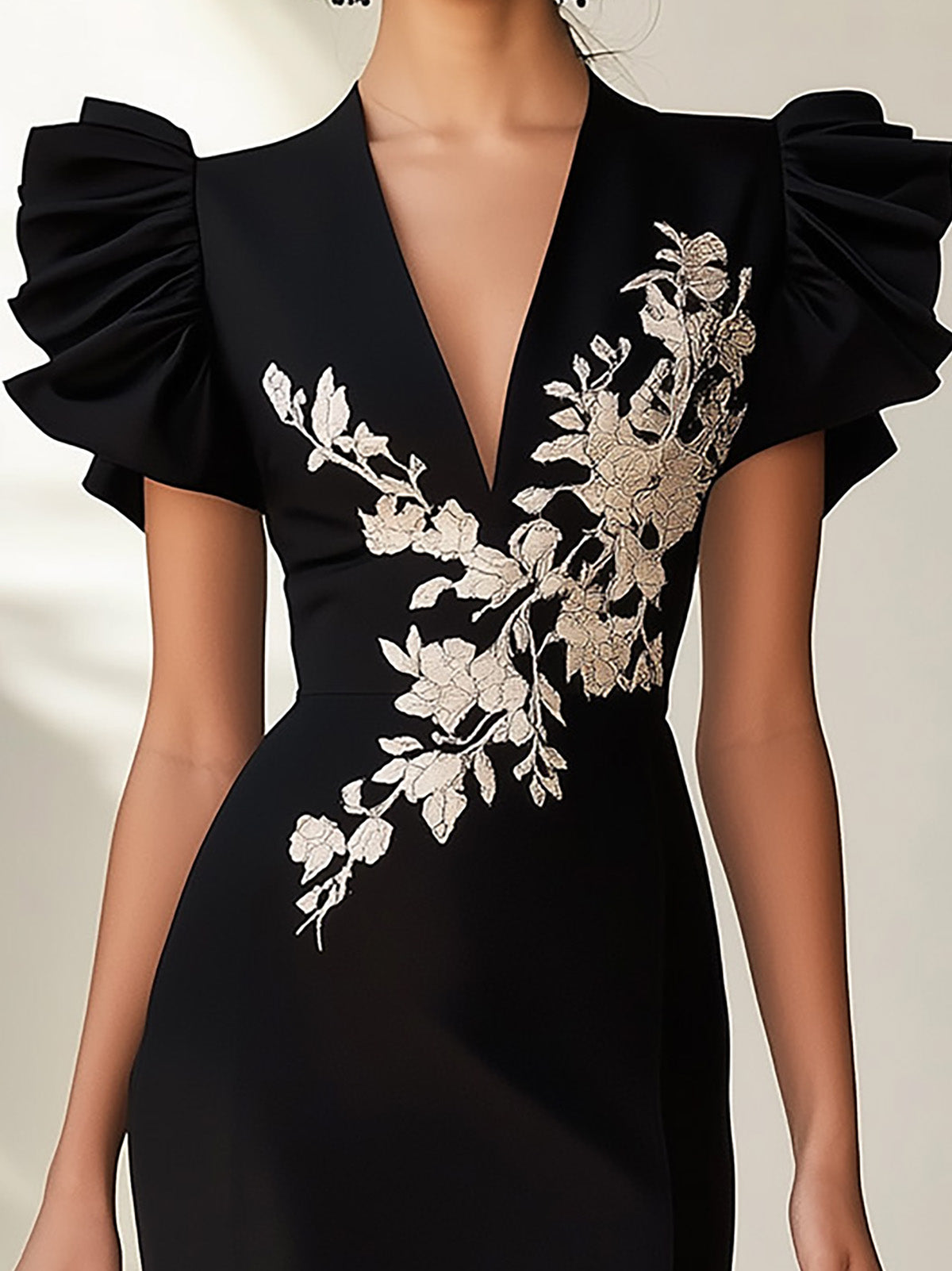 Charming Black Chiffon Dress with Beige Floral Motif and Ruffled Sleeves