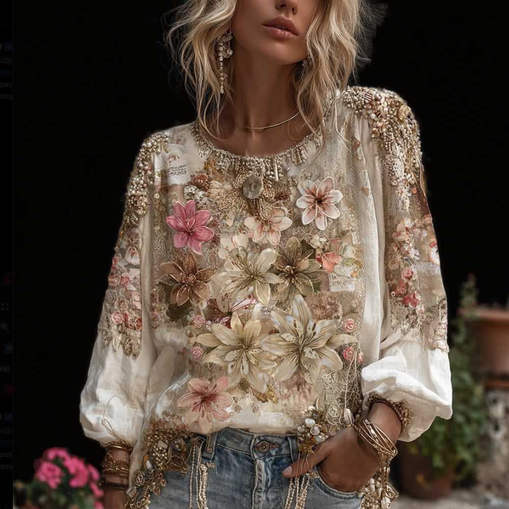 Bohème Floral Printed Cotton And Linen Round Neck Long Sleeve Top