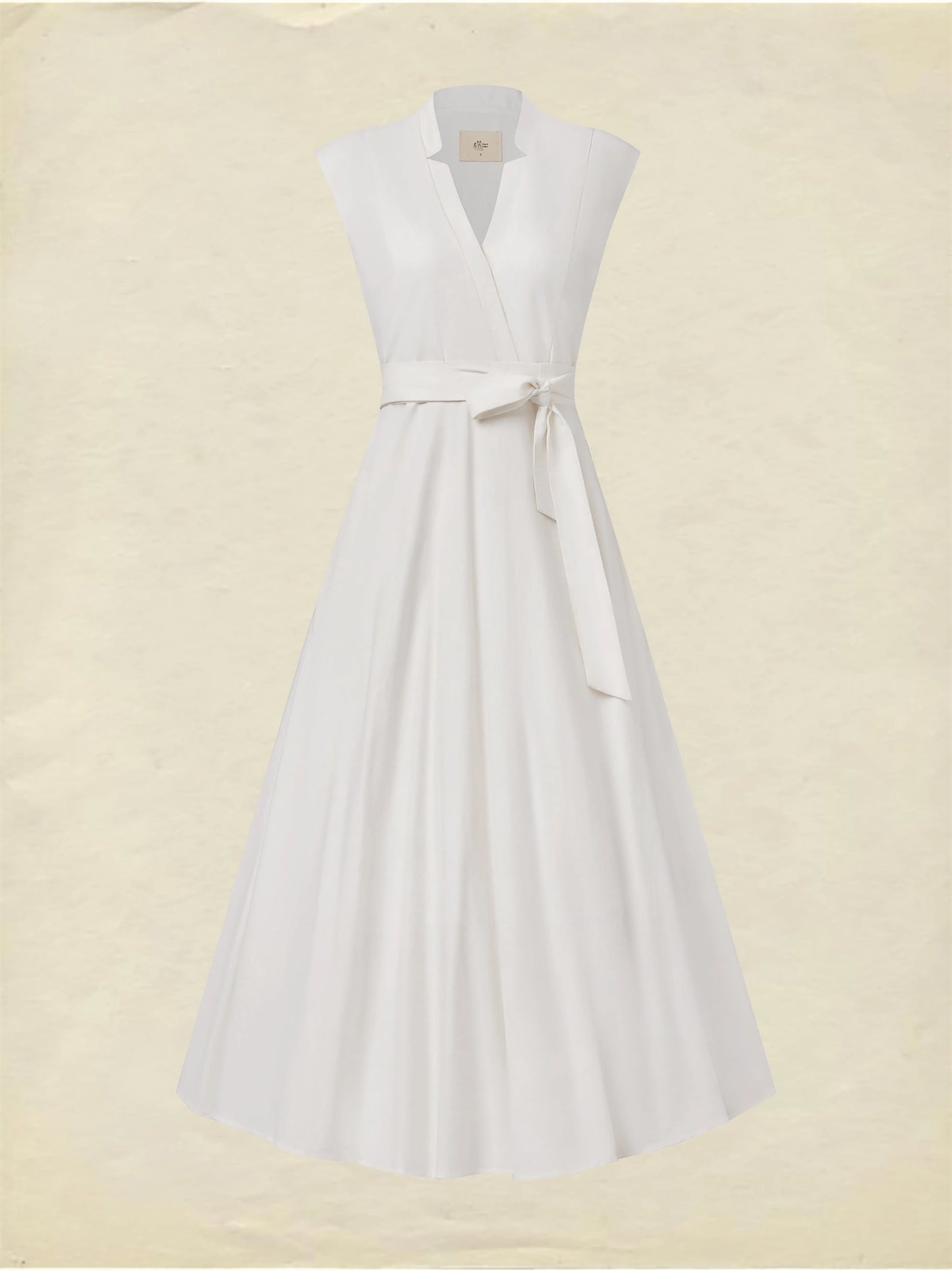 Midi Linen Dress , Sleeveless, V Neck, Plain, Belt Design, Vintage, White