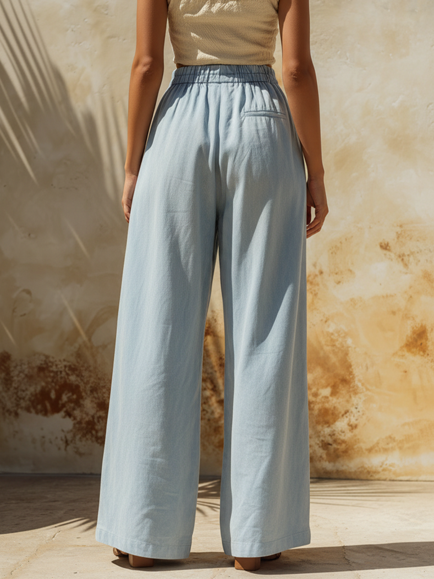 Light Wash Denim High-Waisted Wide-Leg Pants With Elastic Waist