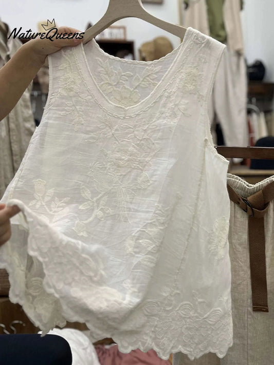 Women's  Vintage Lace Sleeveless Cotton and Linen Vest Top