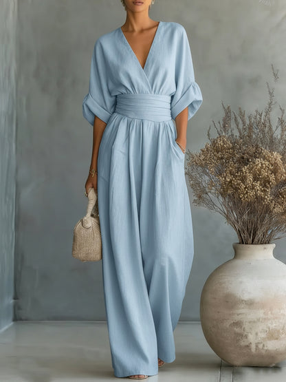 Elegant V-neck High-waisted Loose Jumpsuit