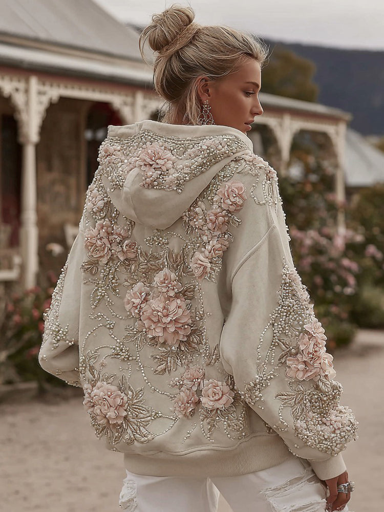 Women's Vintage Rose Pearl Embroidery Comfortable Warm Hoodie