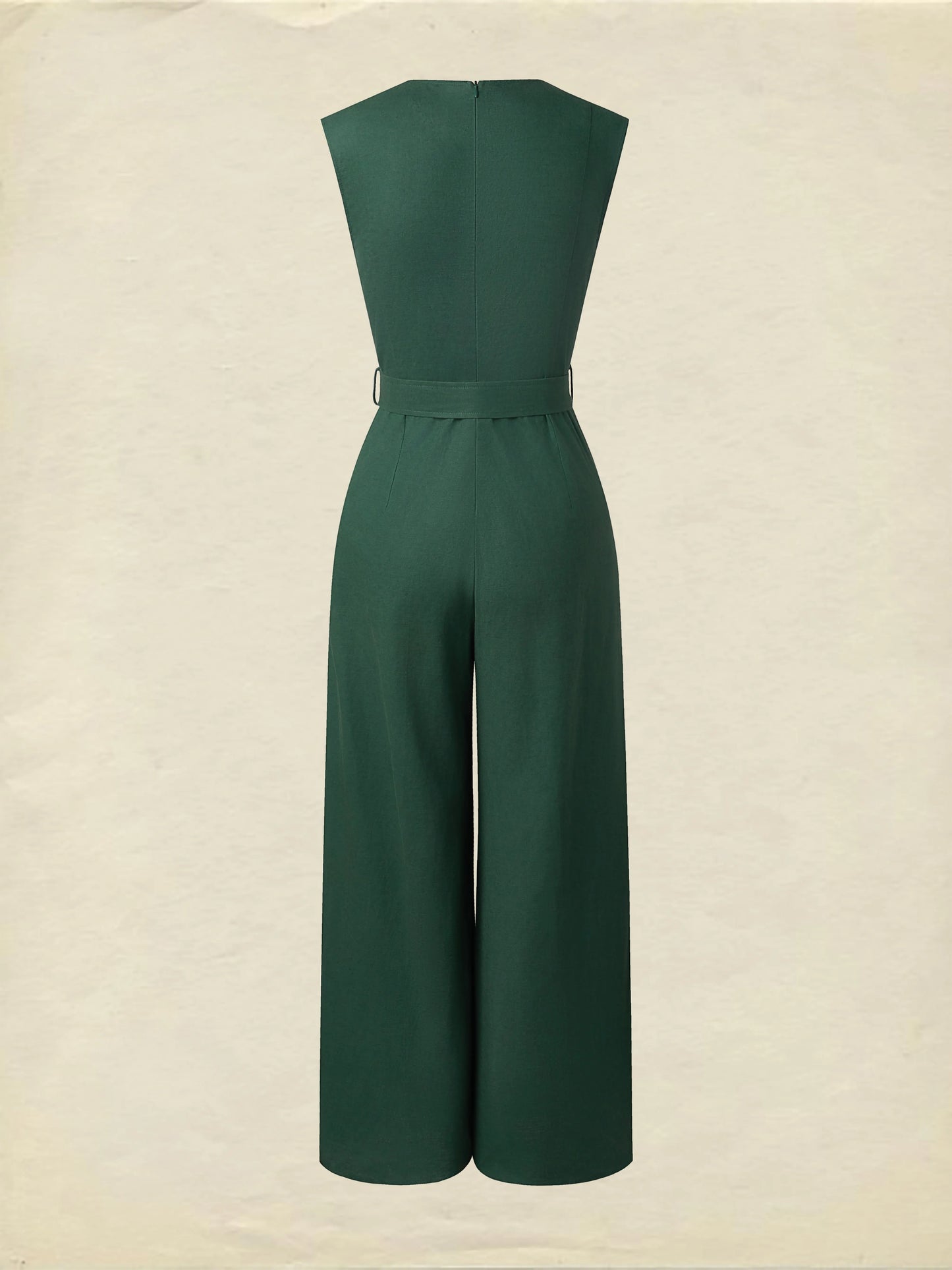 Linen Jumpsuit , Sleeveless, V Neck, Plain, Button Design, Vintage, Green