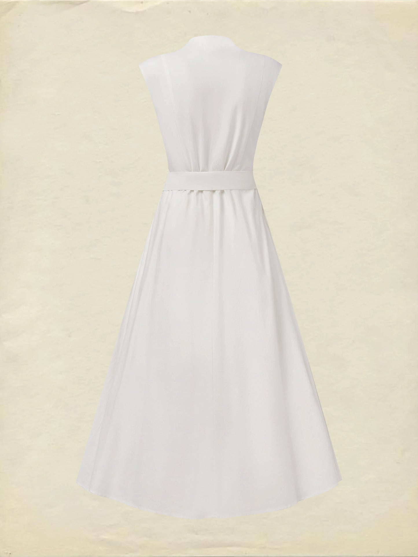 Midi Linen Dress , Sleeveless, V Neck, Plain, Belt Design, Vintage, White