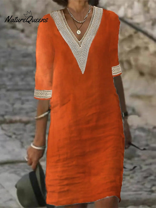 V-neck Mid-sleeved Cotton and Linen Casual Dress