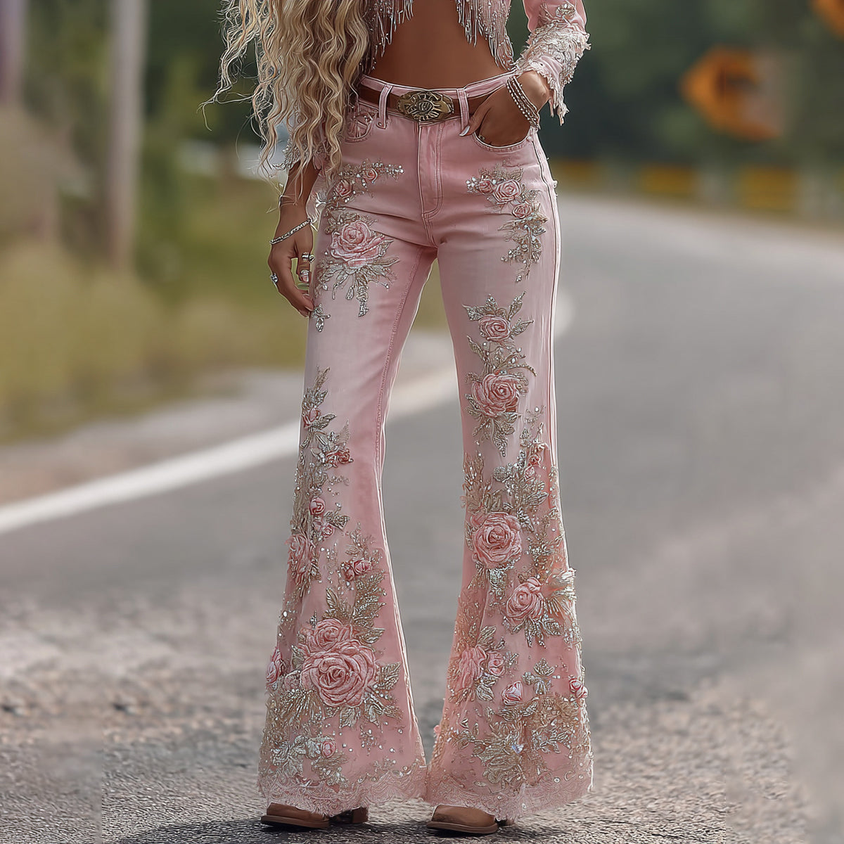 Women's Vintage Rose Floral Embroidery Art Loose Jeans