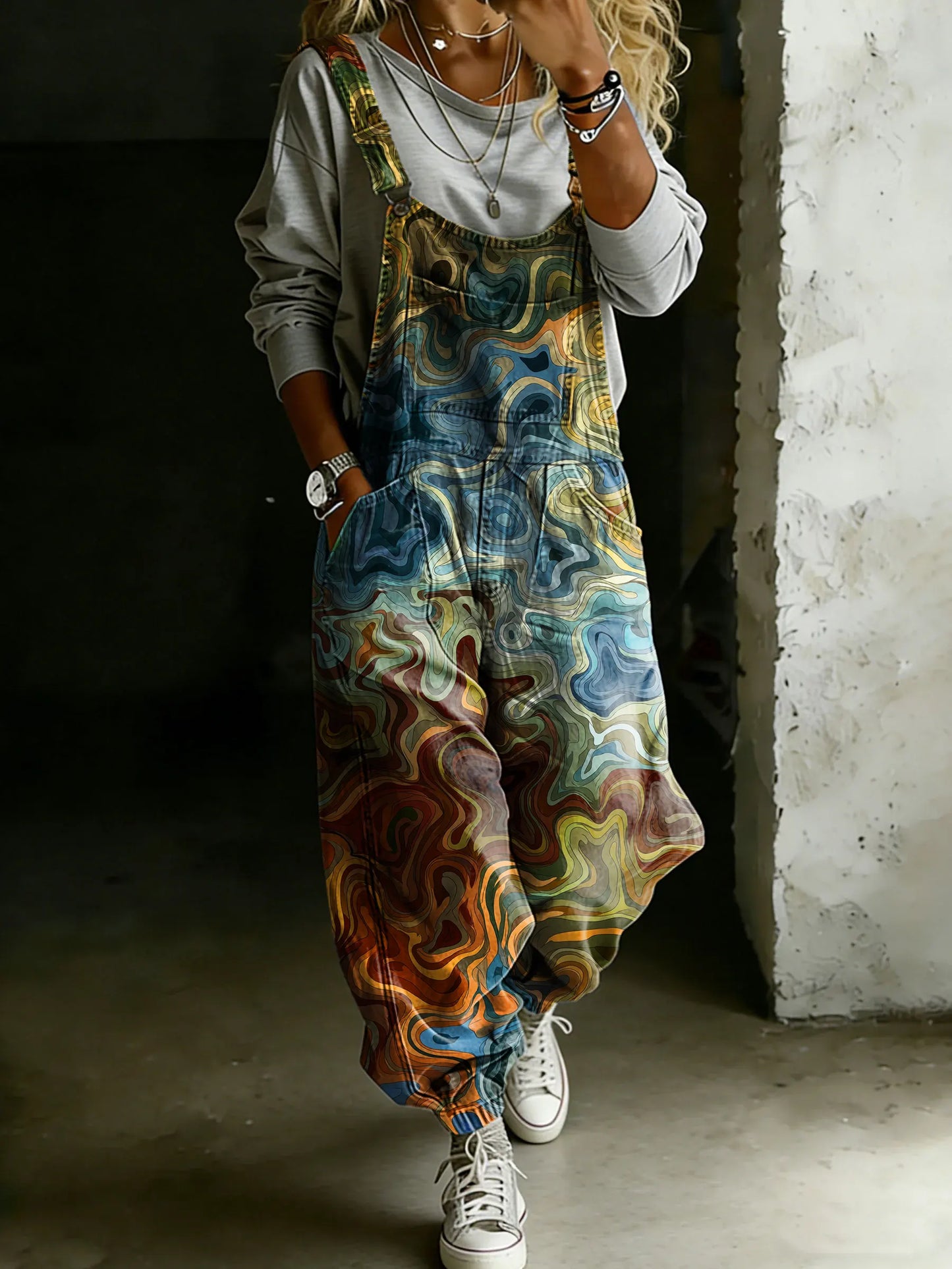 Women’s Vintage Psychedelic Art Print Casual One Piece Denim Jumpsuit