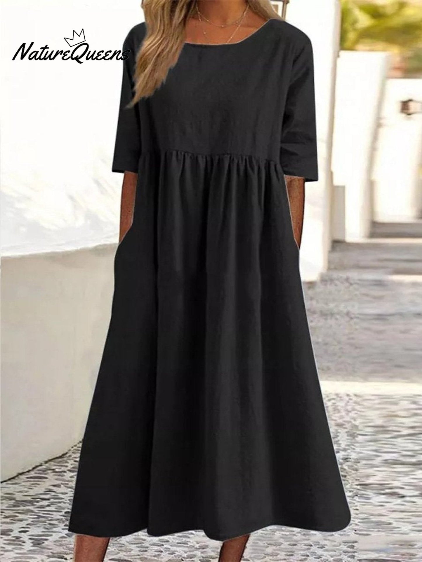 Cotton And Linen Casual Short Sleeve Pocket Pleated Loose Round Neck Dress