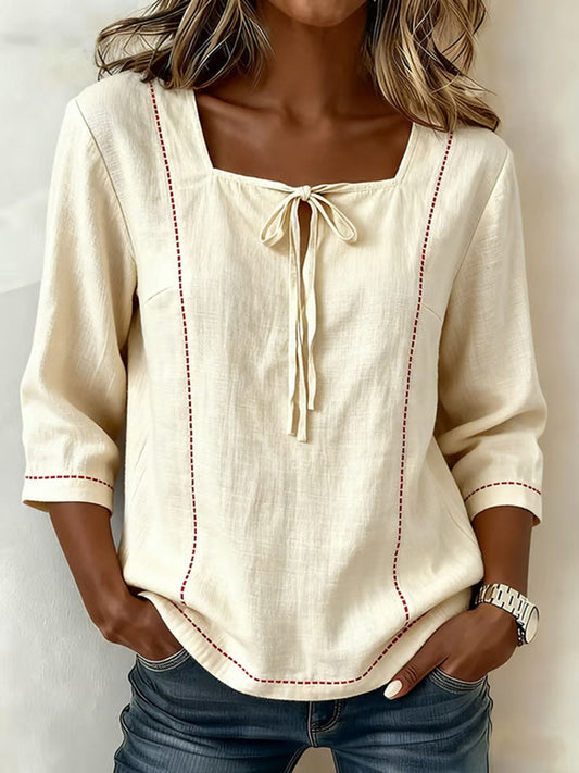 Women's Square-neck 3/4-sleeve Loose-fit Cotton-linen Top