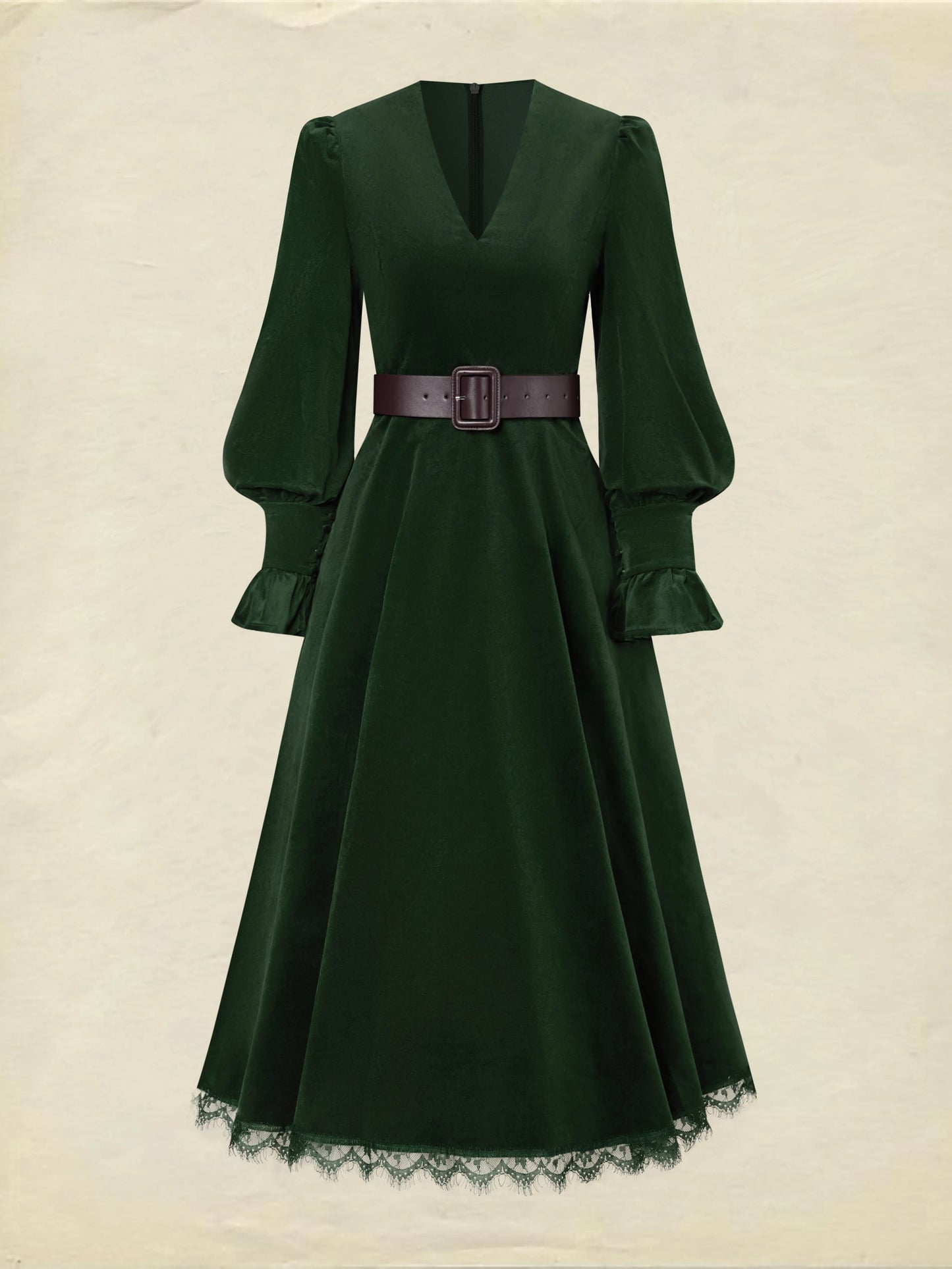 Midi Cotton Dress, Long Sleeves, V Neck, Plain, Lace, Vintage, Green